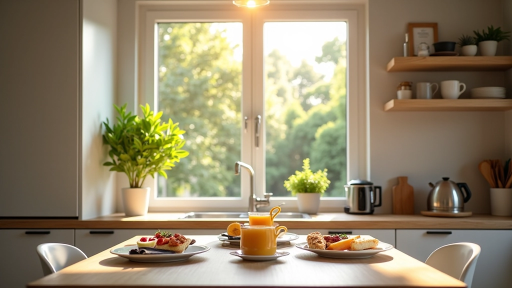 Moderne rijtjeswoning keuken in ochtendlicht met ontbijt setup, raam met tuin uitzicht