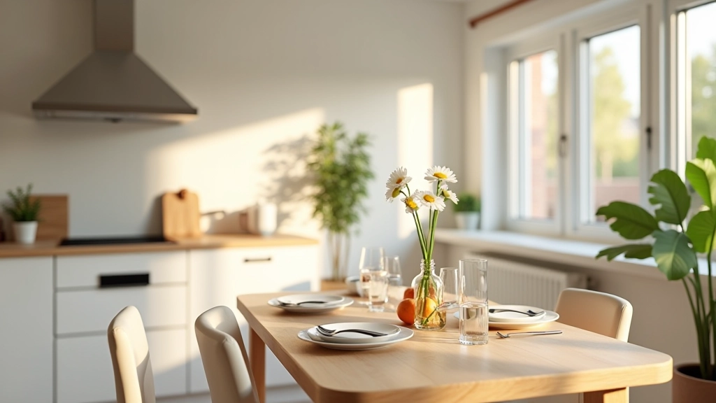 Heldere ochtendkeuken in Nederlandse rijtjeshuis met ontbijttafel