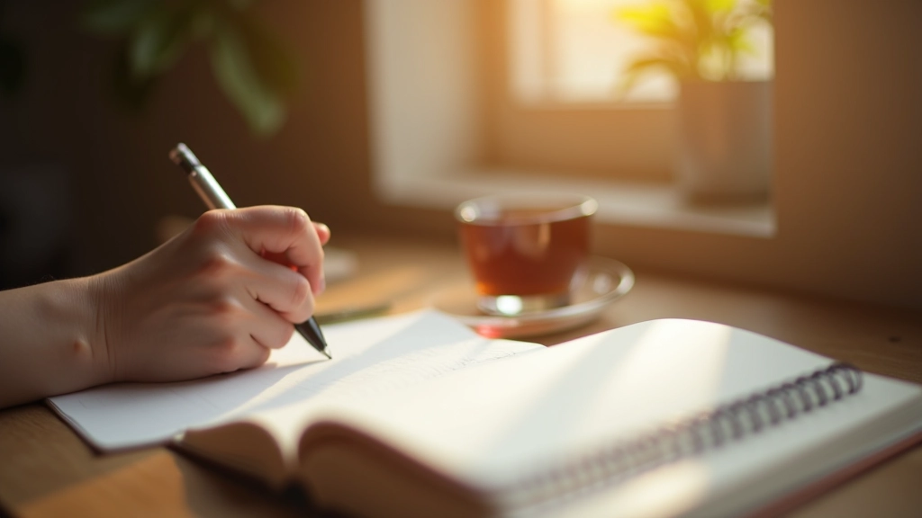 Hand schrijft in dagboek met fontein pen, bureau met ochtend kopje thee, warm licht, close-up
