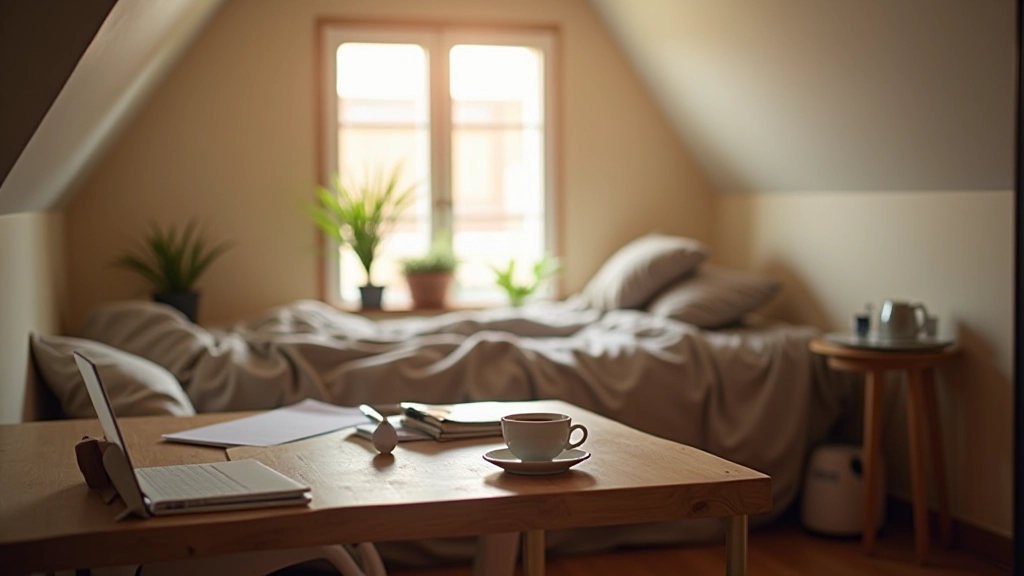 Compact grachtenpand slaapkamer met bureau en warm licht, ochtendsetup met koffie en notitieboek