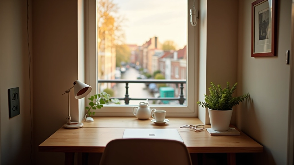 Compacte ochtendhoek in Amsterdam grachtenpand met raam en kleine tafel