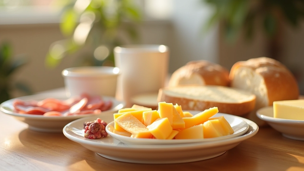 Verse Nederlandse ontbijt op houten tafel met brood, kaas, worst en koffie