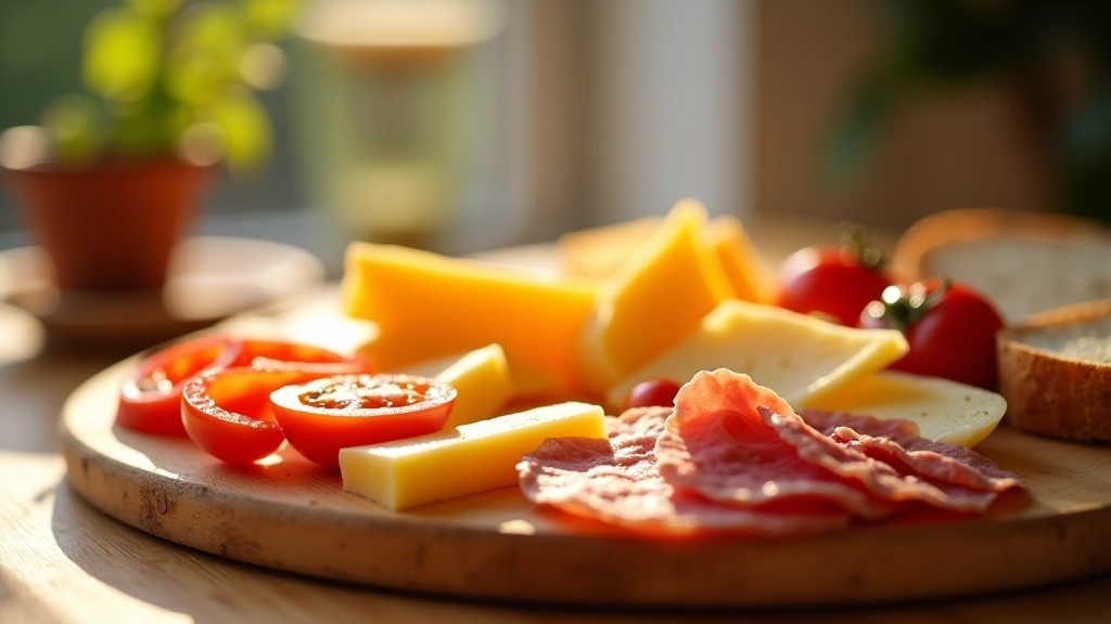 Gesneden brood met kaas en tomaten op houten bord, Nederlandse stijl ontbijt setup