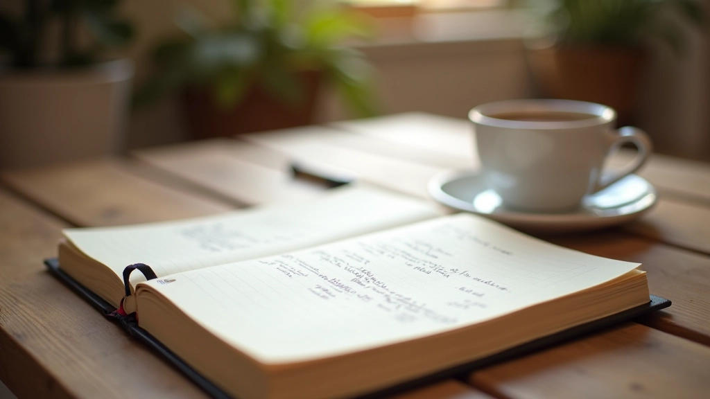 Open dagboek met handgeschreven notities op houten tafel, kopje koffie ernaast, zacht ochtendlicht