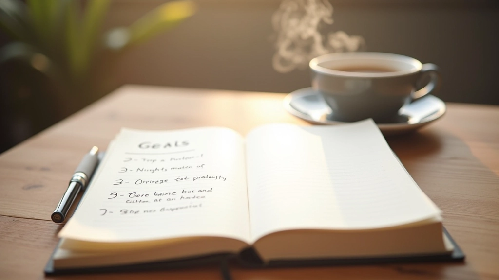 Notebook met handgeschreven doelen naast koffie op houten bureau in ochtendlicht