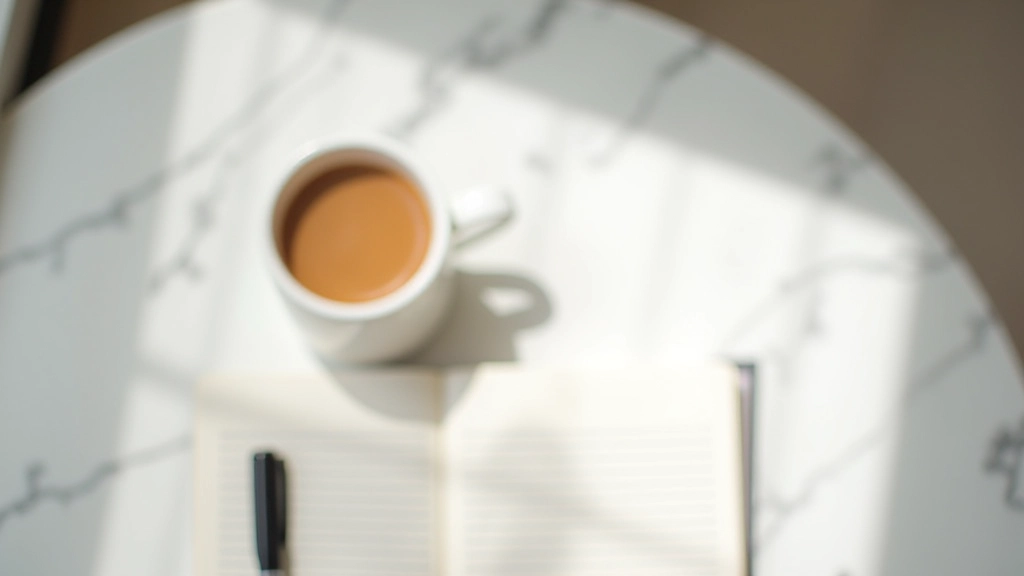 Kopje koffie naast notitieboek en pen op marmeren tafel, ochtendritualsfoto