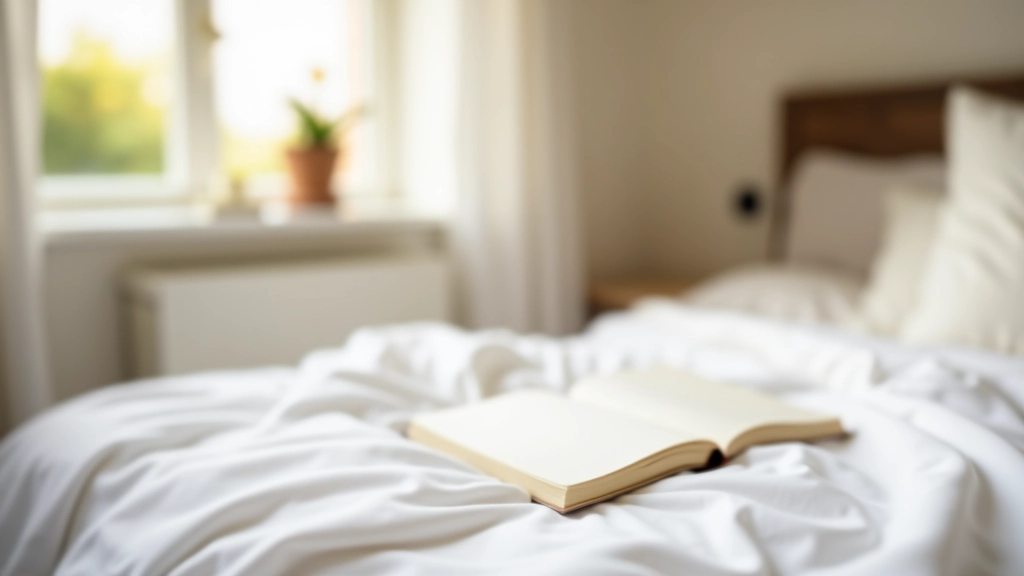 Rustige slaapkamer hoek met journal op bed in natuurlijk licht