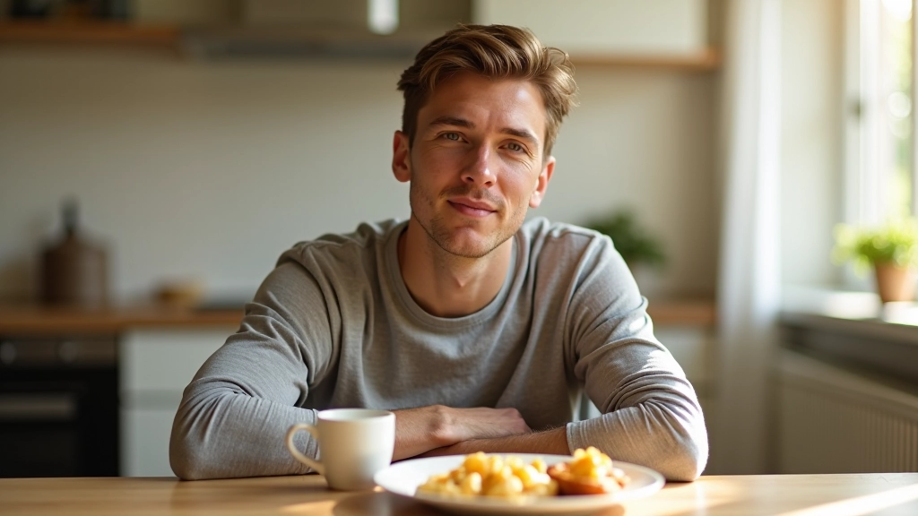 Persoon die ontbijt eet aan houten tafel met raam op achtergrond, ochtendlicht