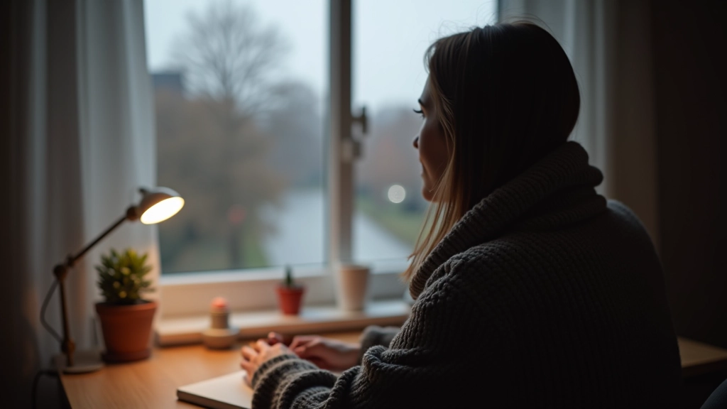 Nederlandse winterochtend met grijze lucht, person bij raam met lichtwekker, warm licht van lamp