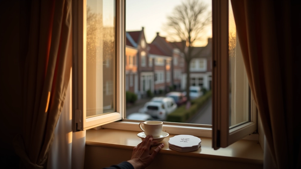 Persoon die het raam opent in grachtenpand appartement met uitzicht op Nederlandse straat