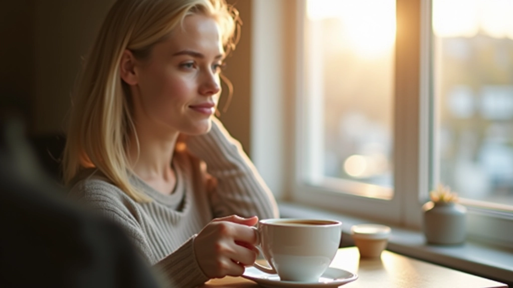 Persoon zit bij raam met koffie, kijkt naar het ochtend uitzicht, ontspannen en gefocust
