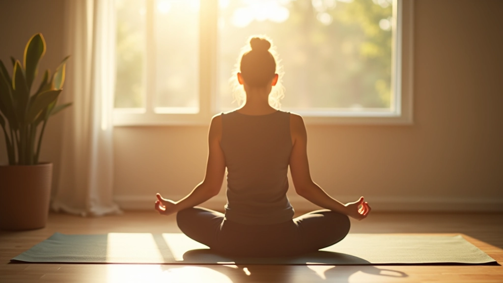 Persoon die mediteert op tatami mat in zonnige slaapkamer met minimalistische inrichting
