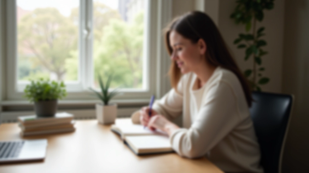 Persoon schrijft in notitieboek op minimalistisch bureautje met plantendecoratief, zacht daglicht door raam