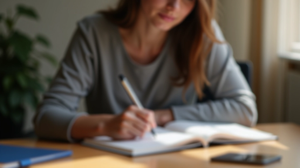 Persoon schrijft doelen in notitieboek met pen op houten tafel, ochtendlicht, duidelijk zicht