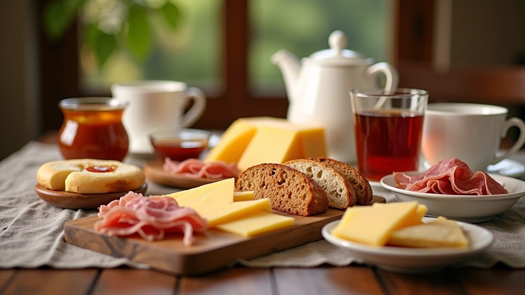 Nederlands ontbijt met verse brood kaas en thee op linnen tafel