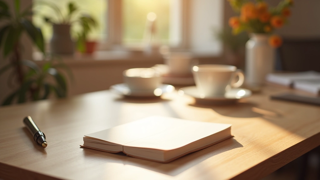 Houten bureau met dagboek, pen en koffie in ochtendlicht in Nederlandse huiskamer